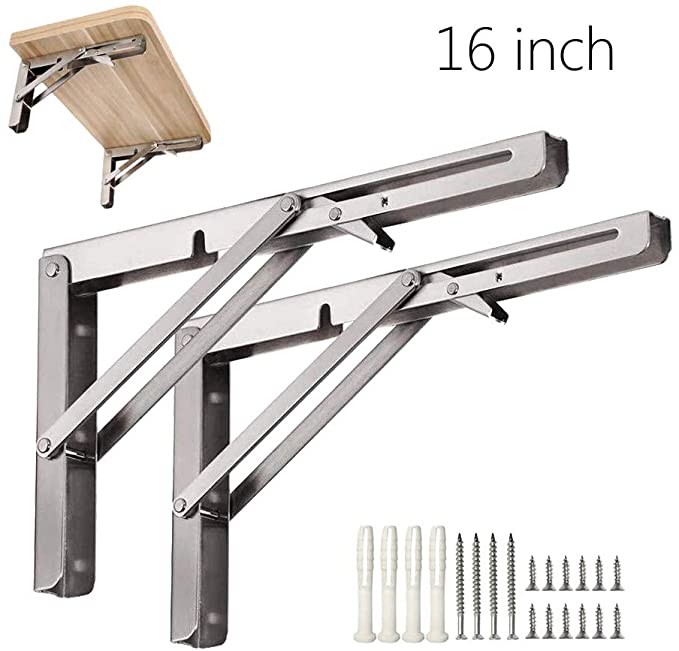 Joe’s Home 2 Pcs 16” Folding Shelf Brackets Heavy Duty Stainless Steel, Collapsible Foldable Shelf Bracket for Table Work Bench, Space Saving Wall Mounted Screws Included Max Load 330lb