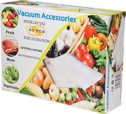Andrew James Vacuum Sealer Food Bags - 50 Small Each 22cm x 30cm - Reusable Dishwasher & Microwave Safe - Compatible with Andrew James Vacuum Food Sealers & Other Brands