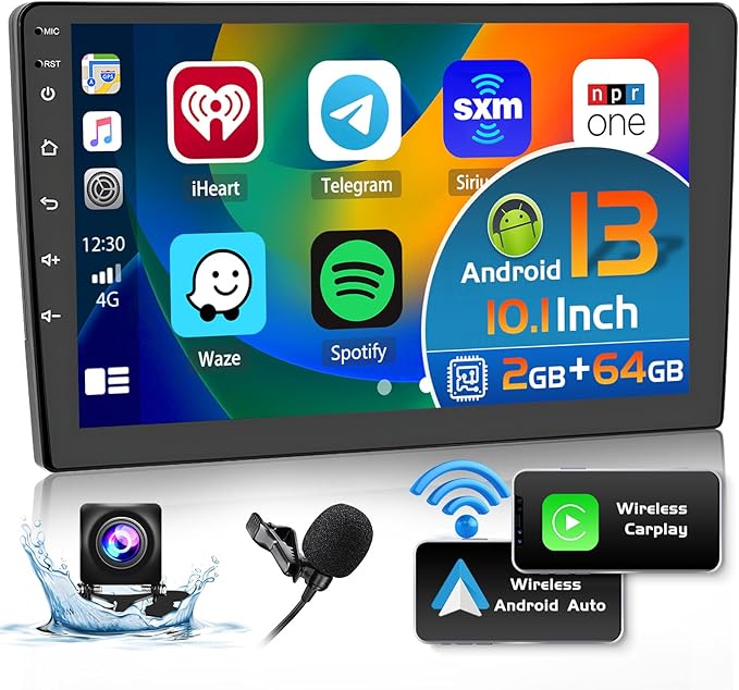 2G 64G Hikity 10.1 Inch Double Din Android 13 Car Stereo Wireless Apple Carplay Android Auto, HD Screen Car Radio with Bluetooth, GPS Navi, WiFi, Mirror Link, FM, RDS, HiFi, SWC, Mic, AHD Backup Cam