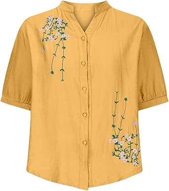 Ladies Button Down Tunics Embroidered Retro Summer Tops Cotton Linen Asymmetrical Hem Tee Shirt Western V Neck Blouse