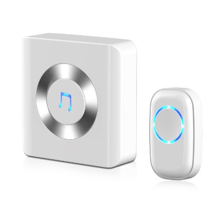 Wireless Doorbell JETech Portable Wireless DoorBell Chime Plug-in Push Button with LED Indicator Over 50 Chimes No Batteries Required for the Receiver - White