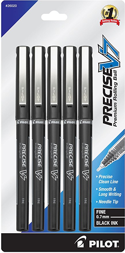 Pilot Precise V7 Rolling Ball Pens, Capped, Fine Point (.7mm), 5-Pack Black Ink (26020), Patented Precision Point Technology, Smooth Skip-Free Writing, Visible Ink Supply