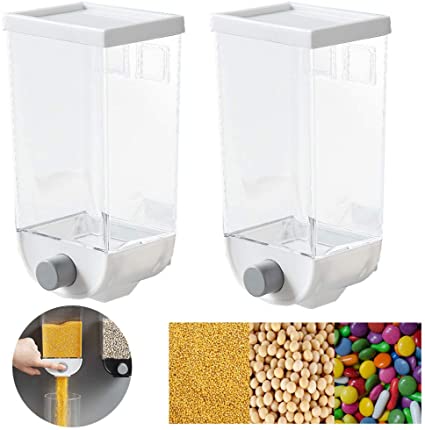 Julvie 2pcs Dry Food Dispenser, Sealed Dry Grain Storage Container can Control the Output of Plastic Food Containers 1.5L High Capacity Wall-Mounted Cereal Dispenser