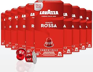 Lavazza, Qualità Rossa, 100 Capsule di Caffè in Alluminio Compatibili con Macchine Nespresso Original, con Note di Cioccolato e Frutta Secca, Arabica e Robusta, Intensità 10/13, Tostatura Media