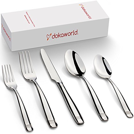 Flatware Set By Dokaworld- Delicate Flatware Set Of 20-Pieces For 4 People- 18/10 Stainless Steel- Flatware Kit Includes: Dinner Spoons, Forks, Knives Plus Dessert Forks & Spoons- Great Design
