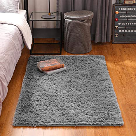 BAYKA Machine Washable Fluffy Area Rug Indoor Ultra Soft Shag Area Rug for Bedroom, Non-Slip Floor Carpet for Kids Home Decor Nursery Rug 3x5 Dark Grey