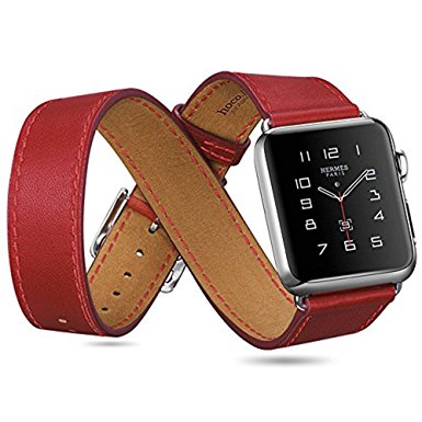 HOCO Apple Watch Band ,3 in 1 Double Tour and Cuff Genuine Cow Leather Classic with Metal Buckle for Apple Watch 1 and Apple Watch 2, Red- 42mm