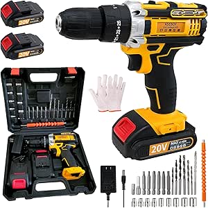 Cordless Drill with Battery and Charger, Power Drill Cordless, Electric drill Set with 3/8 Keyless Chuck, 25 3 Torque Settings for Screwdriving, Drilling (2 Batteries)