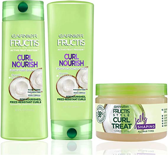 Garnier Hair Care Fructis Curl Nourish Shampoo, Conditioner, and Natural Styling Curl Treat Jelly, Nourish for Frizz Resistant Curls, Frizz Free Up to 24 Hours, Paraben Free, 1 Kit