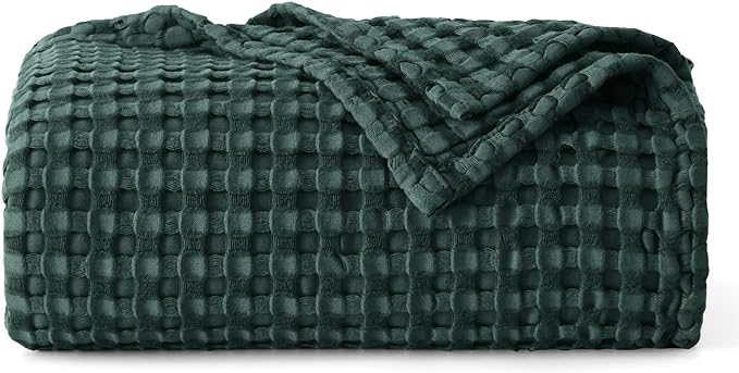 Bedsure Cooling Cotton Waffle Weave Throw Blanket - Lightweight Breathable Blanket of Rayon Derived from Bamboo for Hot Sleepers, Luxury Throws for Bed, Couch and Sofa, Dark Green, 50x70 Inches