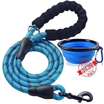 ladoogo Heavy Duty Dog Leash - Comfortable Padded Handle, 5 ft Long - Dog Training Walking Leashes for Medium Large Dogs with A Free Collapsible Pet Bowl