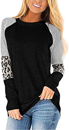BUILT CLEAR Women's Soft Long Sleeve T Shirt Leopard Fashion Tunic Tops Stripe Color Block Round Neck Sweatshirt