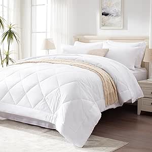 Love's cabin Twin Comforter Set White, 5 Pieces Twin Bed in a Bag, All Season Twin Bedding Sets with 1 Comforter, 1 Flat Sheet, 1 Fitted Sheet, 1 Pillowcase and 1 Pillow Sham