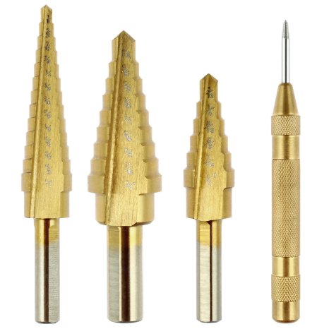 Vastar® Titanium Step Drill Bit Set, 3-Piece Set & Automatic Center Punch