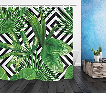 LB Banana Leaf Shower Curtain, Realistic Vivid Green Leaves of Palm Tree on Black White Background Tropical Plant Shower Curtain 72x72 Inch Waterproof Fabric with 12 Hooks