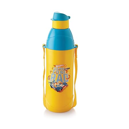 CELLO Puro Junior Hot Wheel Print Plastic Water Bottle for Kids | Easy Carry Wrist Belt | Leak Proof & Refrigerator Safe| Keeps Content Cold for Long hours | 600ml, Yellow