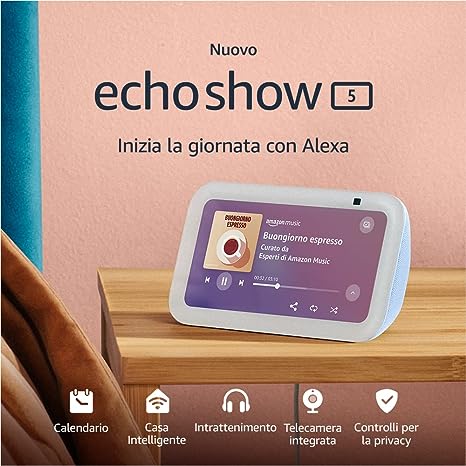 Nuovo Echo Show 5 (3ª generazione) | Schermo touch intelligente e compatto, con Alexa: controllo della Casa Intelligente e molto altro | Azzurro