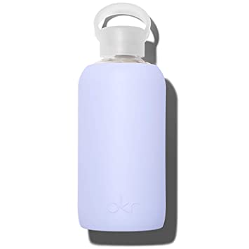 bkr Glass Water Bottle - Luxury BPA Free Water Bottle, Smooth Silicone Sleeve - Jil - Opaque Periwinkle Blue - Leak Proof, Narrow Neck, Dishwasher Safe - 16 Ounces