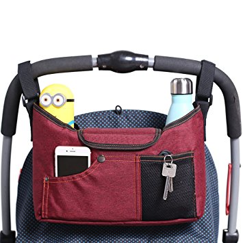 AMZNEVO Best Universal Baby Jogger Stroller Organizer Bag / Diaper Bag with Deep Cup Holders and Shoulder Strap. Extra Storage Space for Organize the Baby Accessories and Your Phones. (RED)