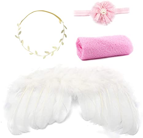 Marrywindix 2 Sets Newborn Photography Props Baby Outfits - Long Ripple Wrap Blanket and Lace Beads Headband, Angel Feathers with Leaf Headbands (0-12 Month)