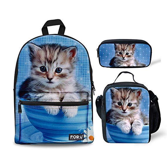 FOR U DESIGNS Cute Cat Dog Print Durable Kids Back to School Backpack Canvas Book Bag