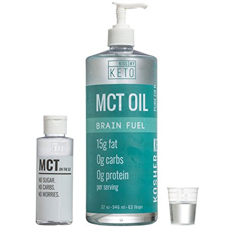 Kiss My Keto C8 Brain Fuel MCT Oil 100% Pure Caprylic Acid For The Ketogenic Lifestyle - 32 oz BPA Free Bottle Comes with Pump and 4 oz Travel Bottle - Enhance Performance And Get Into Ketosis Quickly
