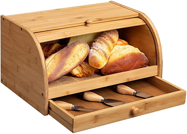 HollyHOME Bamboo Single-Layer Bread Box With Storage Drawer At The Bottom, Large-Capacity Storage Cabinet For Kitchen, Natural