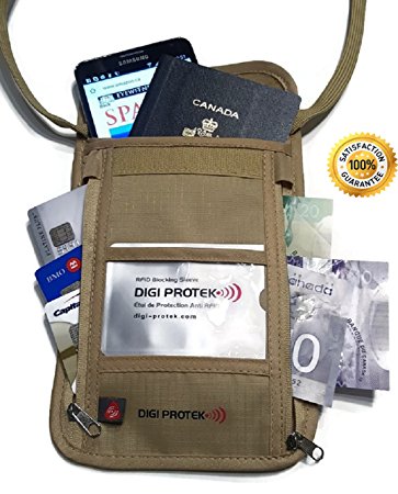 RFID Neck Passport Wallet for Travel with RFID Blocking Protection with Quick Access Back Pocket.(Khaki-Beige). Protect Credit Cards, Passport, Debit Cards etc. *BONUS: a Quality RFID Credit Card Sleeve Included. Khaki-Beige NW02