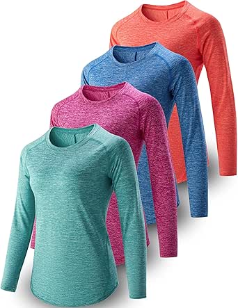 4-Pack: Womens Long Sleeve Athletic Tops with Thumb Holes – Dry Fit Active Crewneck Workout Tees