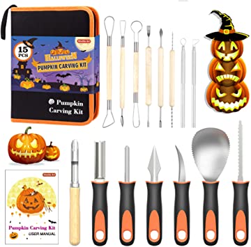 Halloween Pumpkin Carving Kit, Shuttle Art 15 PCS Professional Heavy Duty Stainless Steel Pumpkin Carving Tools with Carrying Case for Kids Adults Sculpting Jack-O-Lanterns