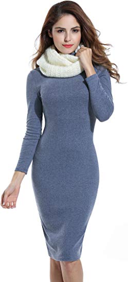 ACEVOG Casual Knit Sweater Dress Women's Crewneck Long Sleeve Bodycon Pencil Midi Dress Winter