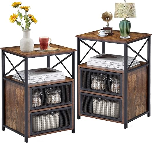 VECELO End Tables Set of 2, Modern Nightstands with Storage Drawer & Shelf, Night Stand for Bedroom Living Room, Dark Brown