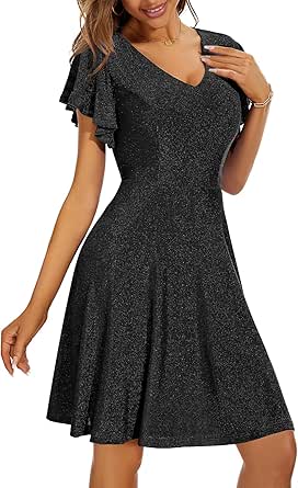 DRESSTELLS Women's Cocktail Dress, Sparkly Fit Flare Graduation Party Prom Dress, Glitter Modest Wedding Guest Dress 2024