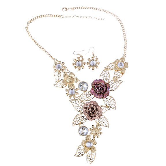 QIYUN.Z (TM) Handmade 3D Bling Crystal Rose Flower Leaf Statement Collar Necklace Earring Set