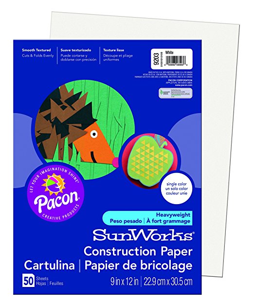 Pacon SunWorks Construction Paper, 9-Inches by 12-Inches, 50-Count, White (9203)