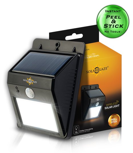 SolarBlaze Bright Solar Powered Outdoor LED Light - Auto ON at Night  Auto BRIGHT with Motion Sensor - Wireless Security Lighting - No Tools Peel N Stick - No Battery Required for Patio Outside Wall Stairs Home RV Deck