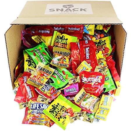 Assorted Candy Party Mix 90 oz Bulk Twizzlers Nerds Swedish Fish Sour Patch Skittles Starburst Mike And Ike Gummies and Much More of Your Favorite Candy. Over 200 Individually Wrapped Candy