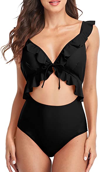 Sociala Womens Ruffle Cut Out One Piece Swimsuits Strappy Monokinis Swimwear Bathing Suits