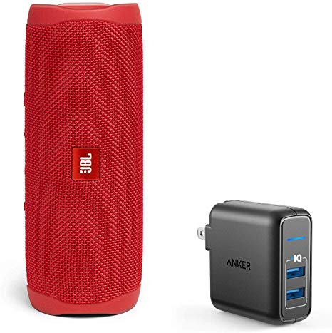 JBL Flip 5 Waterproof Portable Wireless Bluetooth Speaker Bundle with 2-Port USB Wall Charger - Red