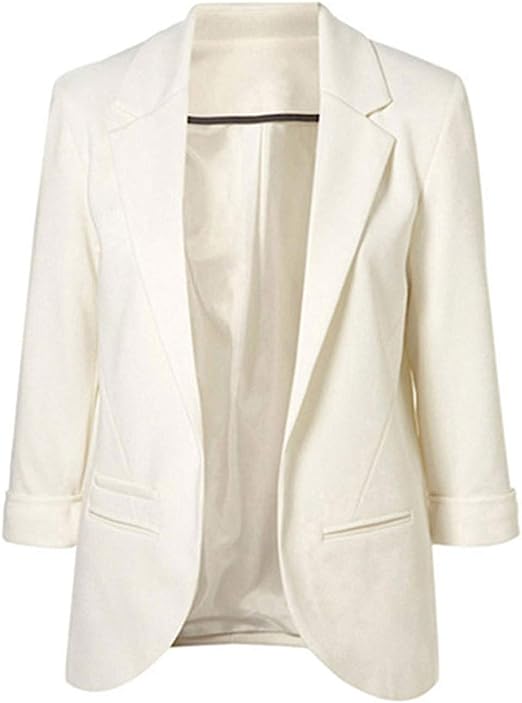 Lrady Womens Casual Blazer Open Front 3/4 Sleeve Notched Lapel Pocket Work Office Jacket Suit