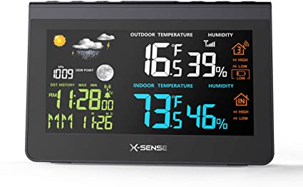 X-Sense Wireless Weather Station Forecast Station with 500 ft Wireless Range, Large Backlit Color LCD, Atomic Clock, Accurate Temperature, Humidity, and Temperature/Time Alert