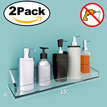 VDOMUS Acrylic Bathroom Shelves, Wall Mounted Non Drilling Thick Clear Storage & Display Shelvings, 2 Pack