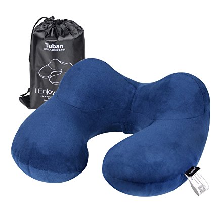 Hawkko Travel Pillow Soft Inflatable Neck Pillow Support-Compact & Lightweight for Sleeping on Airplane, Car, and Train, Carrying Bag-Extremely Portable (Navy)