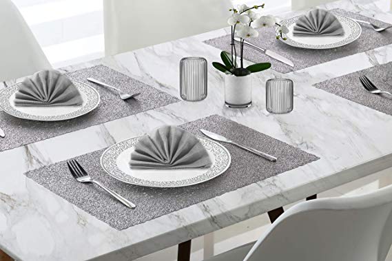 Dainty Home Reversible Metallic Lacey Place Mats Slip Resistant Dining Table Indoor Outdoor Placemats Set of 4, 12 inch x 18 inch Rectangle, Textured Shimmer Silver