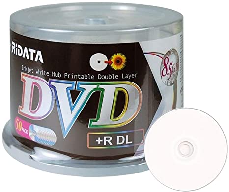 50 Pack Ridata DVD R DL Dual Layer 8X 8.5GB DVD Plus R Double Layer White Inkjet Hub Printable Blank Media Data Movie Game Recordable Disc