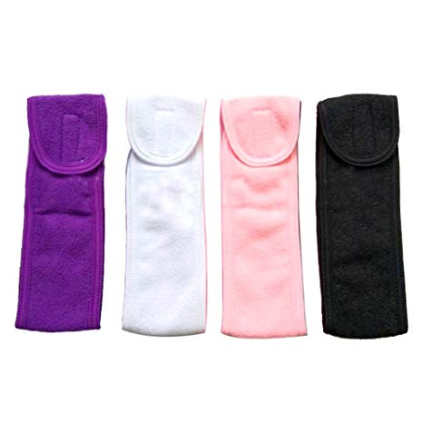 GIANCOMICS 4pcs 24"3" Spa Headbands Stretch Towel With Magic Tape Elastic Terry Cloth Facial Band Makeup Wrap Headbands Fits All Head Sizes(Black,White,Pink,Purple)