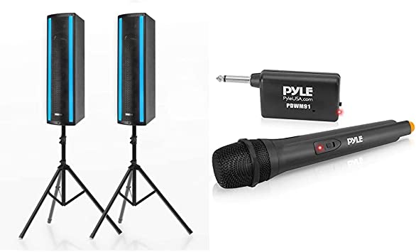 Pyle Portable Bluetooth PA Speaker System - 3-Way Active & Passive Outdoor Bluetooth Speaker PS65ACT & Portable VHF Wireless Microphone System - for PA Karaoke DJ Party PDWM91