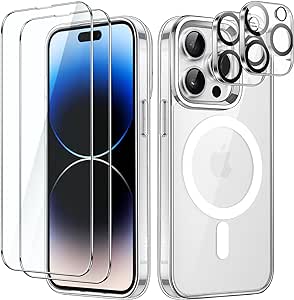 JETech 5 in 1 Magnetic Case for iPhone 14 Pro 6.1-Inch with 2-Pack Tempered Glass Screen Protector and Camera Lens Protector, Compatible with MagSafe, Shockproof Bumper Phone Cover (Clear)