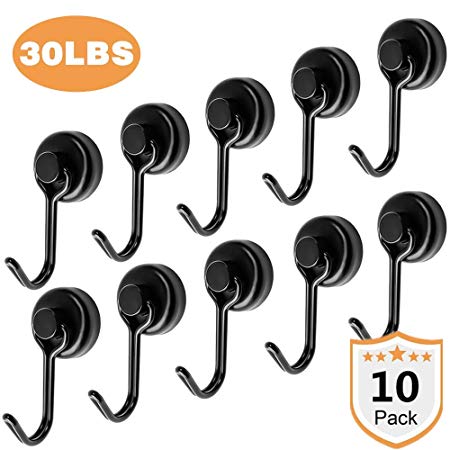 harmiey 30LB Magnetic Hooks Heavy Duty Neodymium Rare Earth Magnet Hook with 3M Metal Rubber, Strong Corrosion Protection,Ideal for Indoor/Outdoor Hanging(Black 10Pack)
