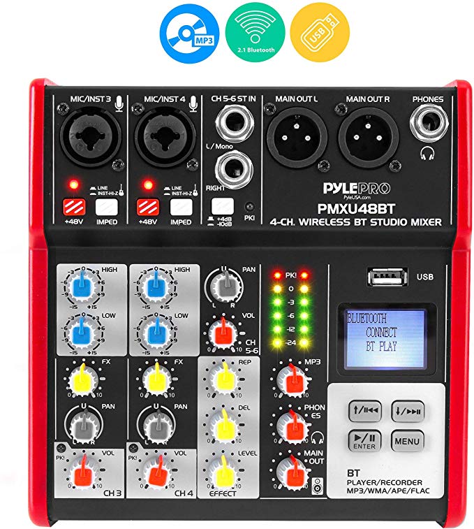 Pyle Sound 4 Channel Bluetooth Compatible Professional Portable Digital DJ Console W/USB Mixer Audio Interface-Mixing Boards for Studio Recording PMXU48BT.5